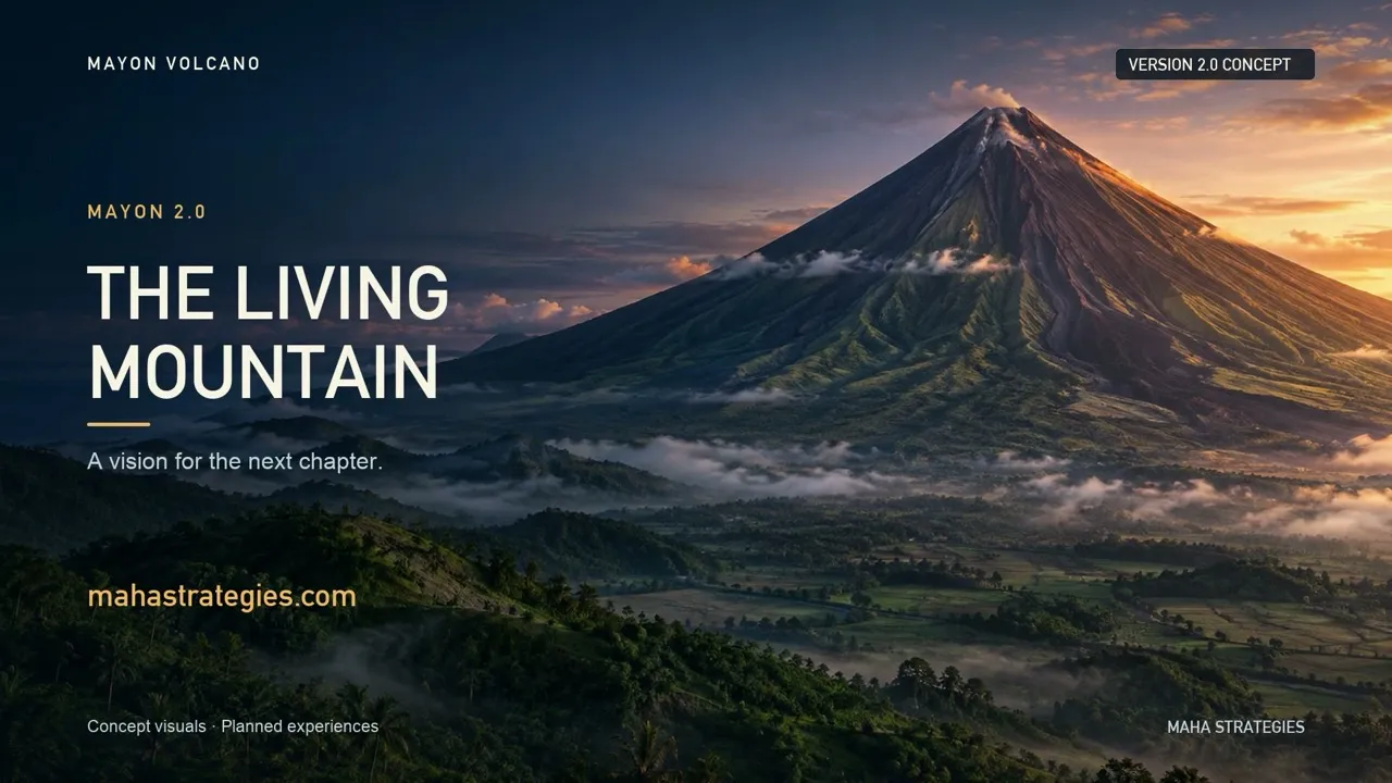 Closing title of the Mayon 2.0 concept film: The Living Mountain, over generated artwork of the volcano at dusk.